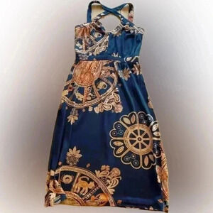 Women’s Halter Midi Dress Black Gold Orange Strap Zipper Unique Cocktail 4